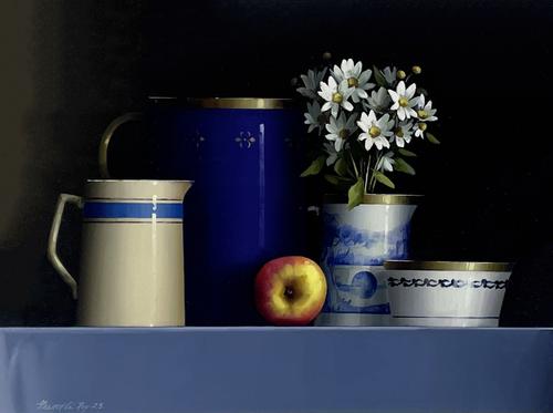 BLUE GLASSWARE AND APPLE
